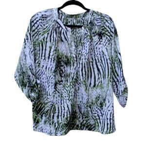 Milano Blouse Women's Large White Green Black 3/4 Sleeves V Neck New MSRP $58